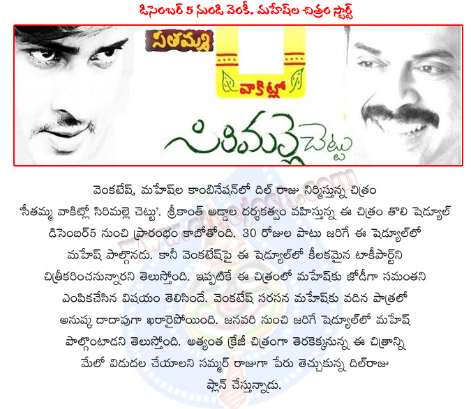 seethamma vakitlo sirimalle chettu,seethamma vakitlo sirimalle chettu movie,seethamma vakitlo sirimalle chettu shooting details,venky with mahesh,mahesh babu with samantha,venkatesh with anushka,anushka in seethamma vakitlo sirimalle chettu,mahesh babu  seethamma vakitlo sirimalle chettu, seethamma vakitlo sirimalle chettu movie, seethamma vakitlo sirimalle chettu shooting details, venky with mahesh, mahesh babu with samantha, venkatesh with anushka, anushka in seethamma vakitlo sirimalle chettu, mahesh babu